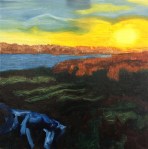 Reedbeds at sunset (2015), oil on canvas, 50cm x 50cm