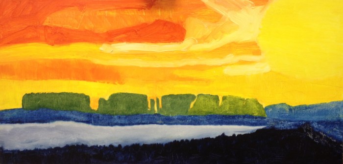 Sunset at Minsmere (2016) oil on canvas, 40cm x 80cm