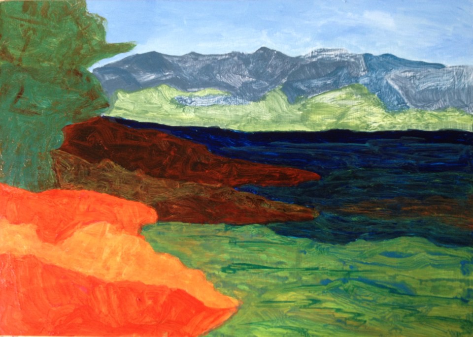 View from the island (2016) acrylic on board, 40cm x 60cm