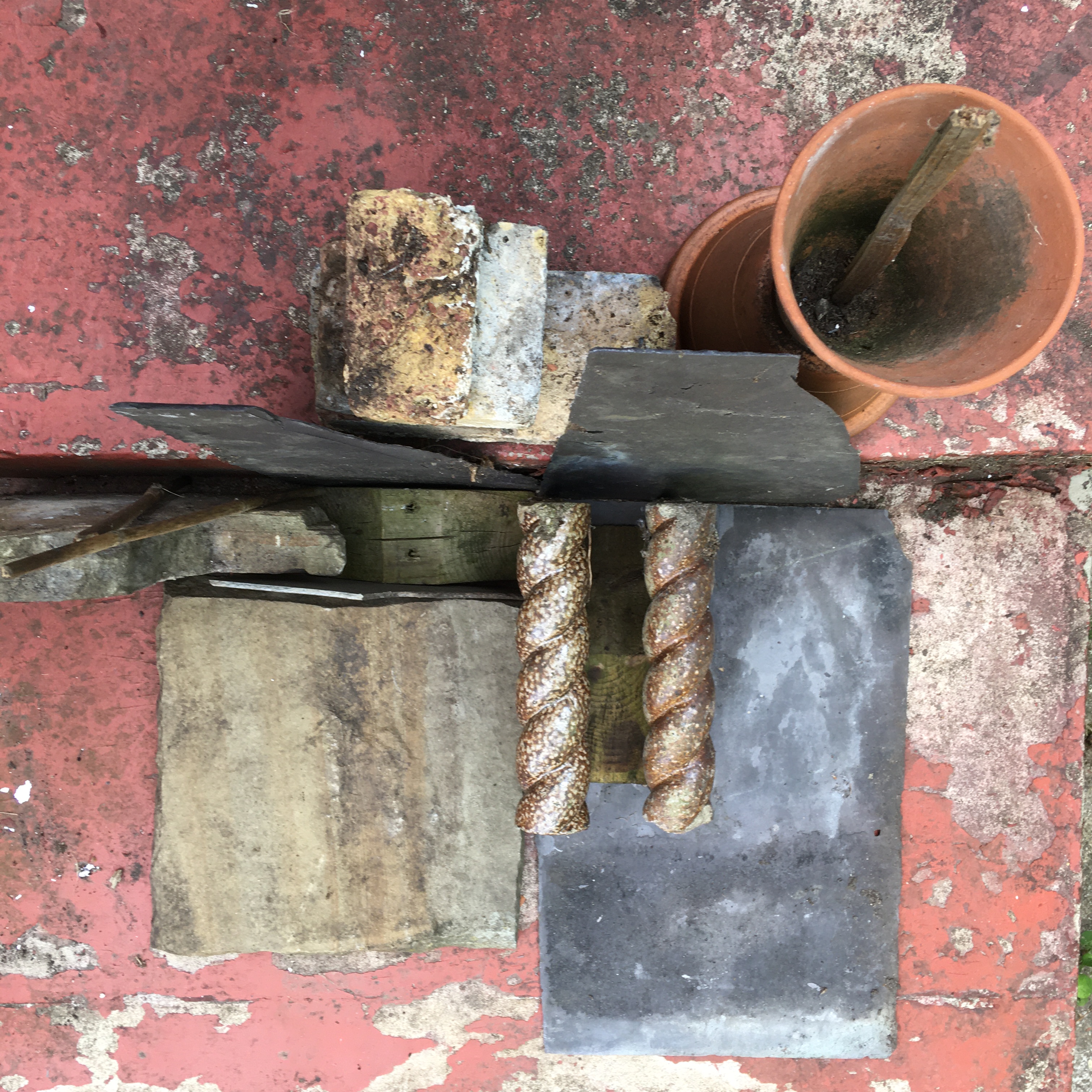 Garden art(2020) brick, wood, slate, stone on painted concrete