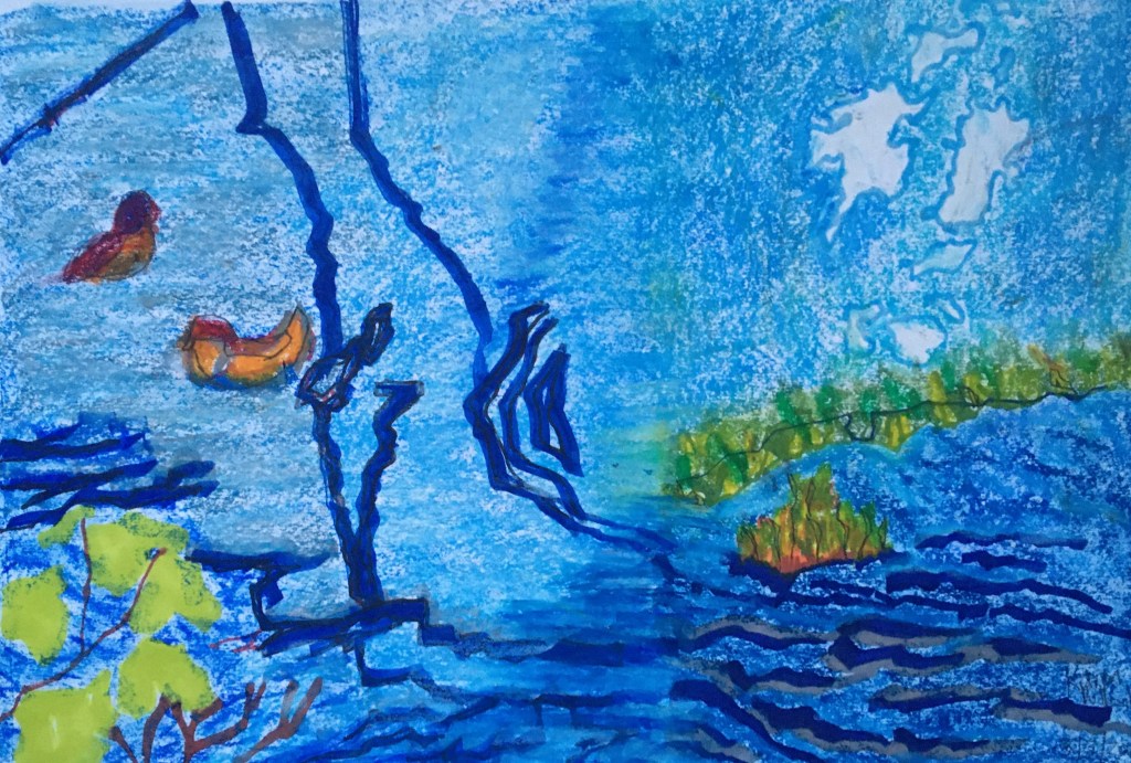 The pond (2021) marker pen, oil pastel and pencil on paper